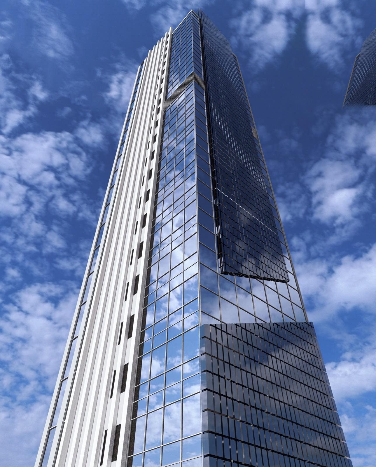The fin wall of Manara Tower seen from street level